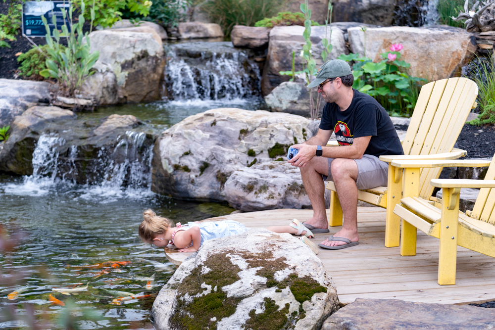 A man sitting in a yellow Adirondack chair while watching his little girl look at the fish in the pond.