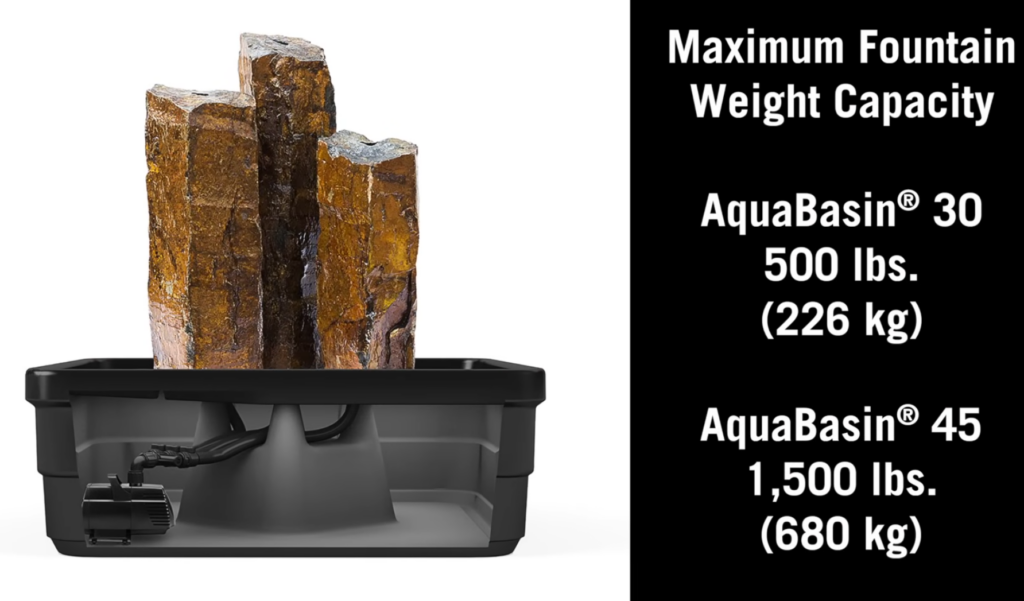 Aquascape Aquabasin Fountain basin with weight capacity details